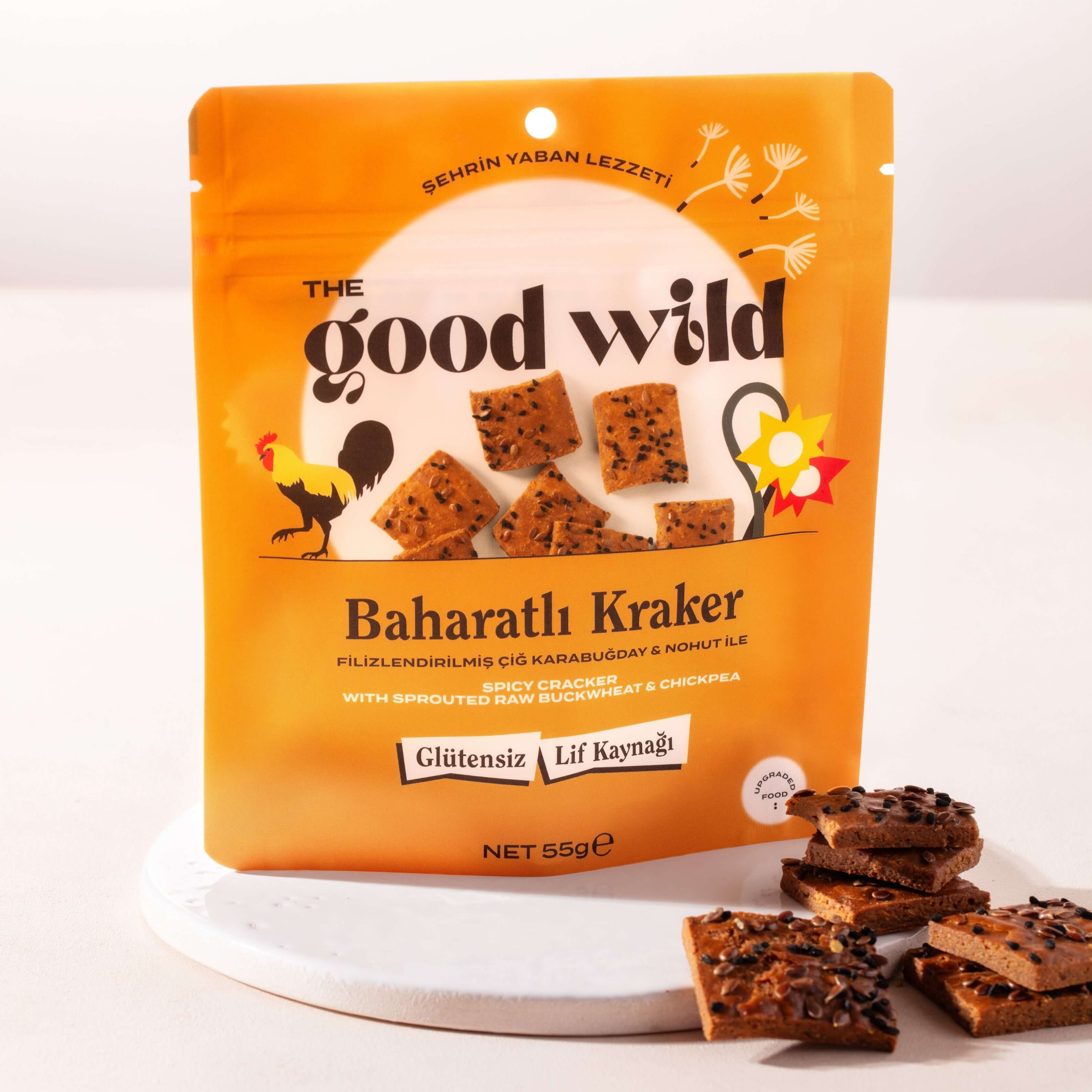 Baharatlı Kraker paketi, filizlendirilmiş karabuğday ve nohut ile hazırlanan sağlıklı atıştırmalık.