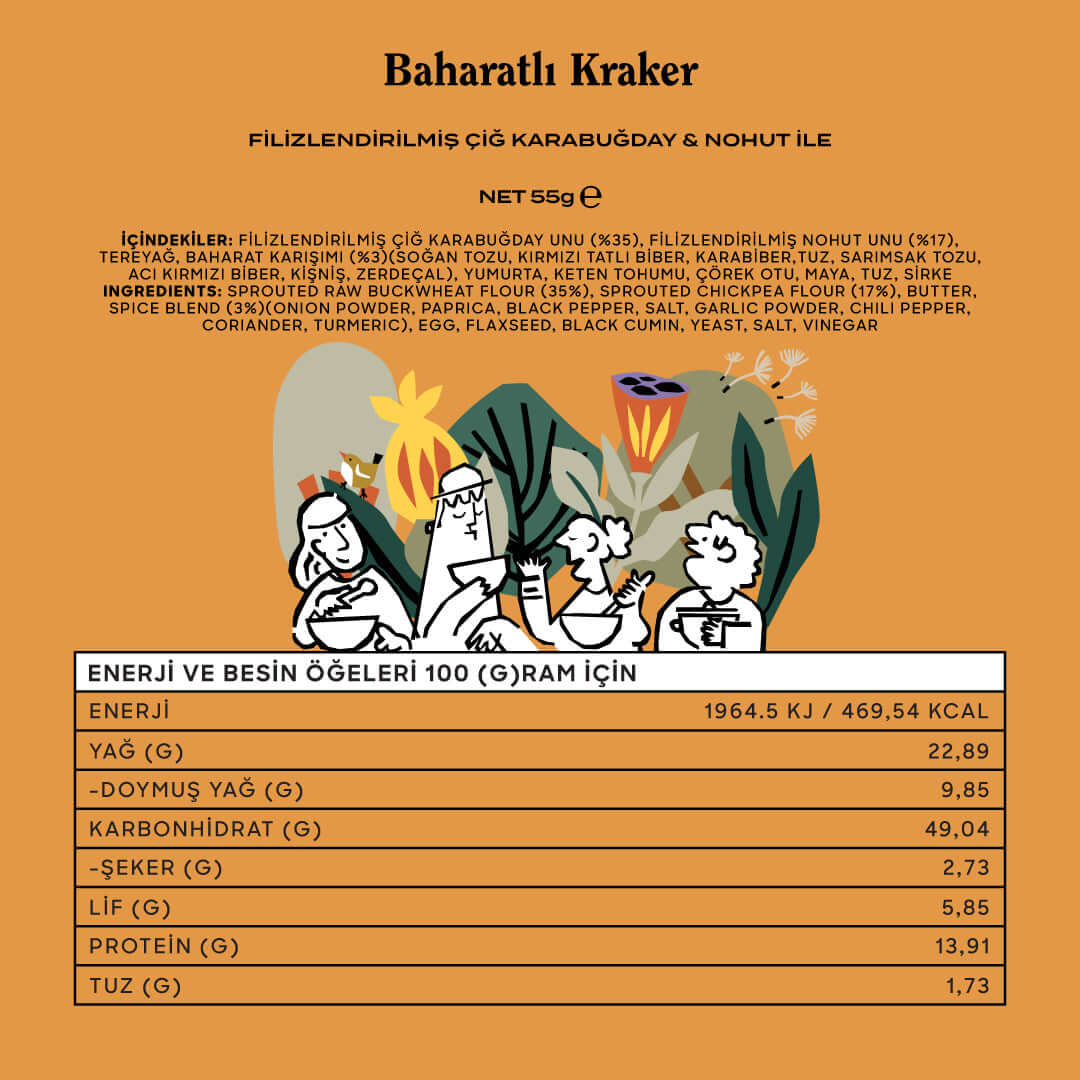 Baharatlı Kraker ambalajı, besin değerleri ve içerikleri ile sağlıklı atıştırmalık.