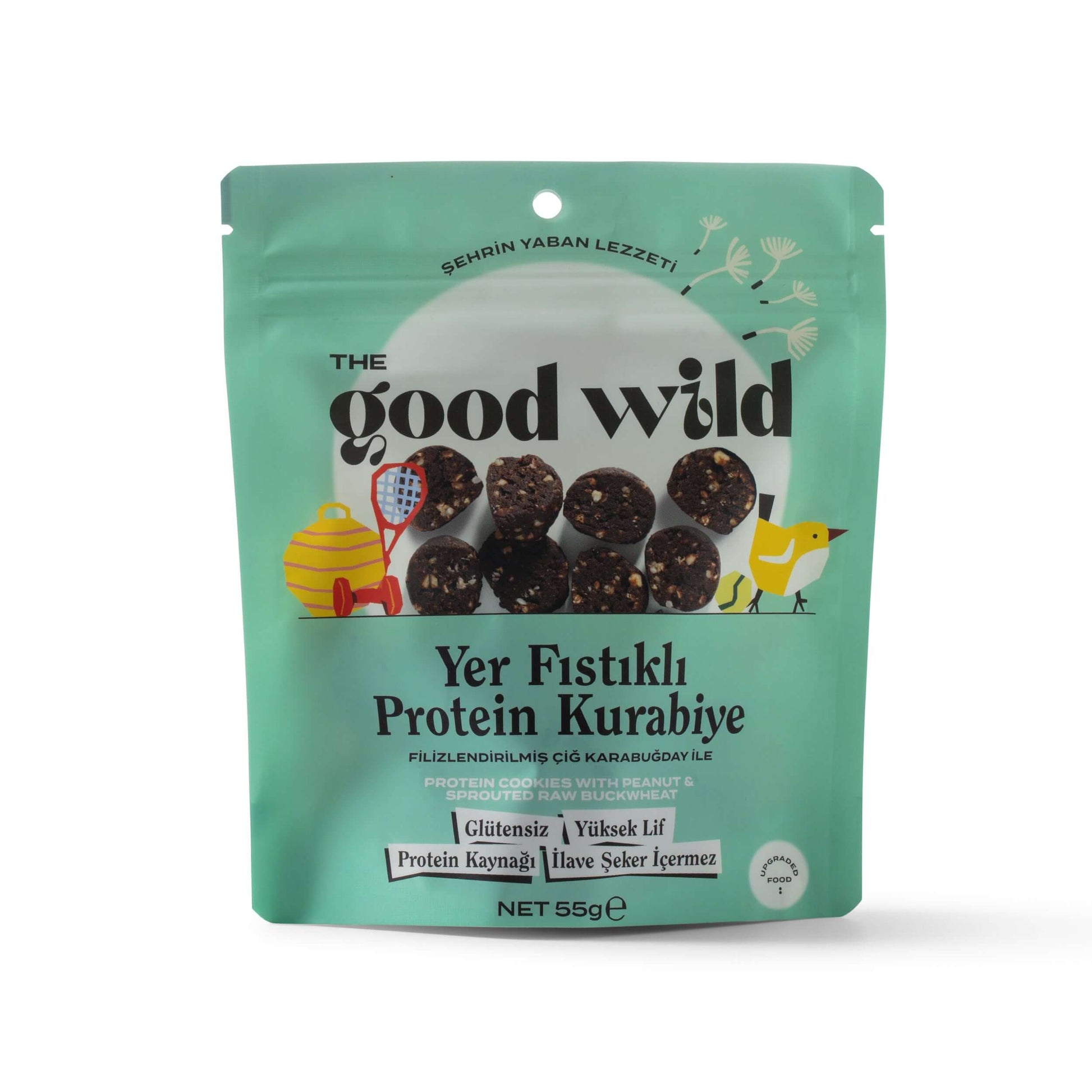 Yer Fıstıklı Protein Kurabiye paketi, glütensiz, yüksek lif ve protein kaynağı.